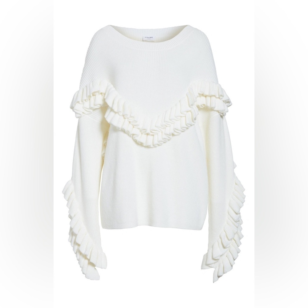 FRAME Ruffle Dolman Yoke Bateau Neck Off Merino Wool Blend White Sweater - Picture 4 of 9